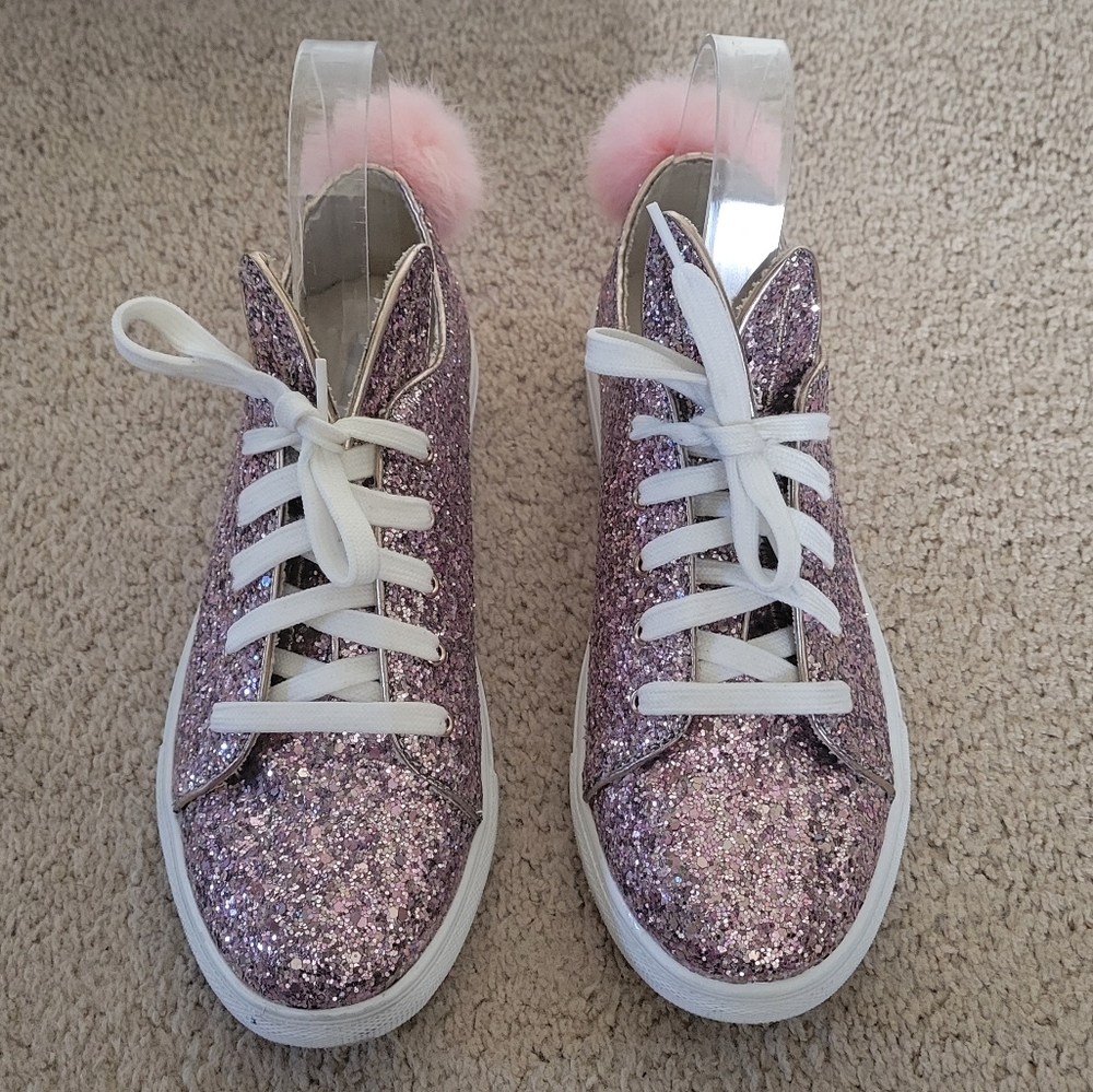 Steve madden pink glitter low top bunny ear tail puff shoes sneakers